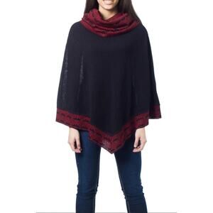 Sumac Alpaca Lagenlook Wool Knit Red Black Cowl Neck Poncho
